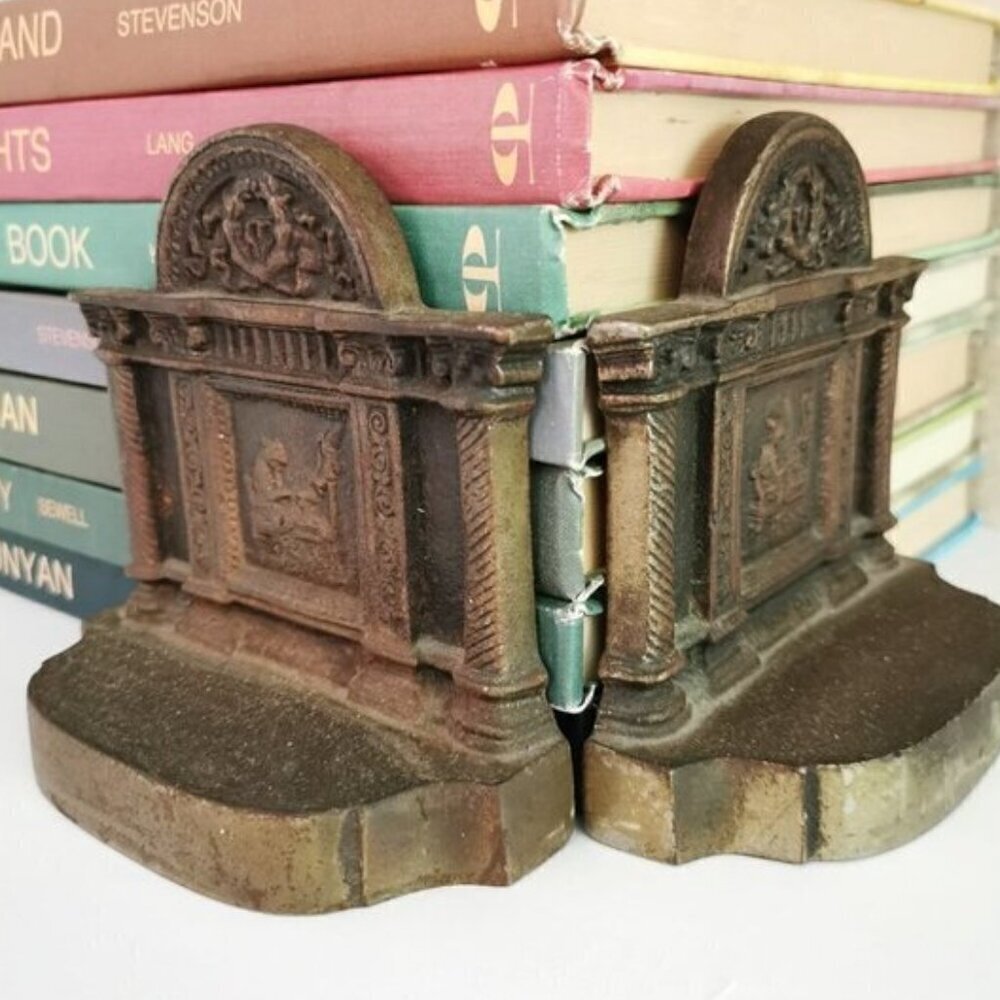 Woman Sewing Cast Iron Bookends HEAVY Greek Columns Ornate Decor Book Shelf Pair